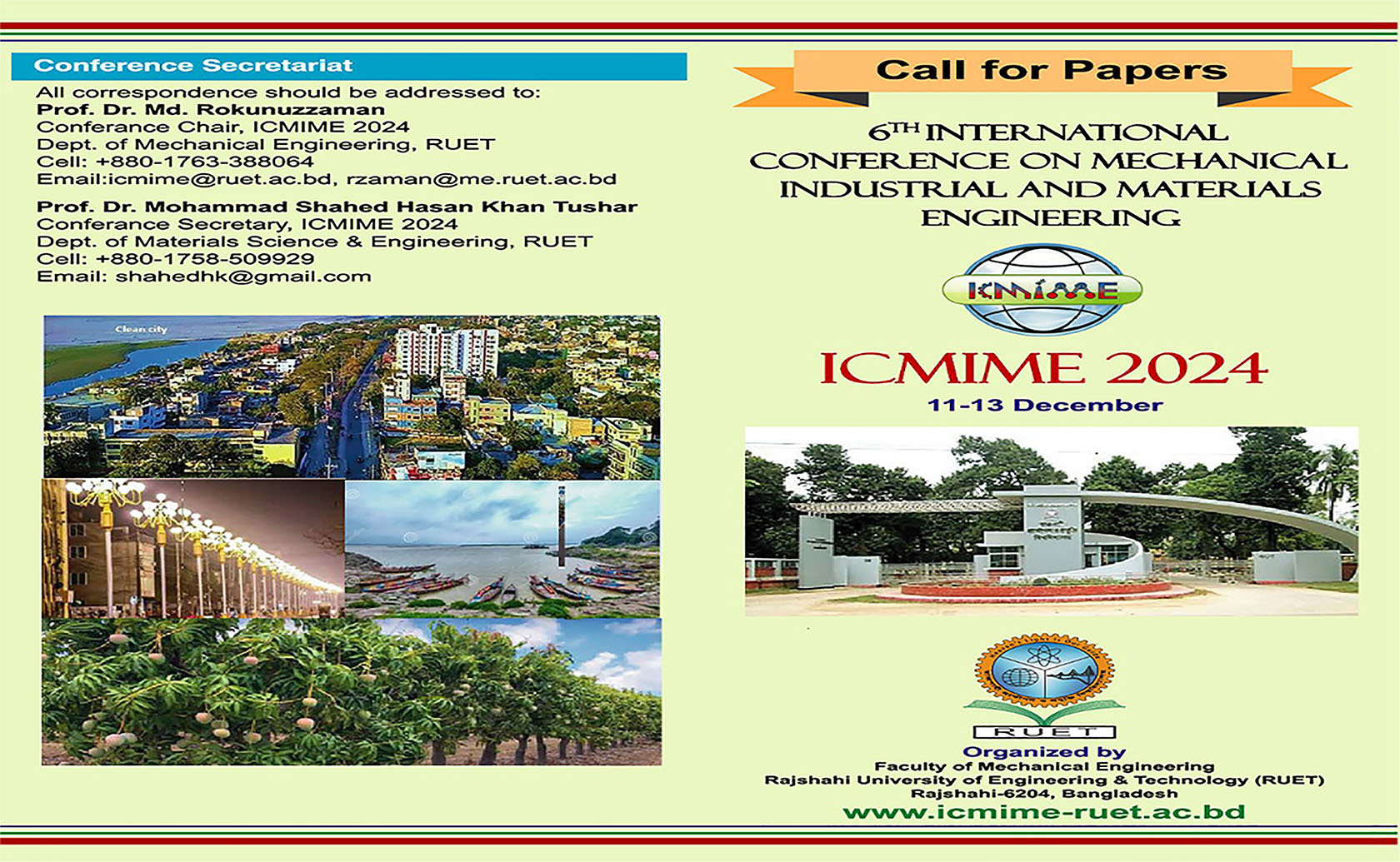 Call for Papers - 6th International Conference on Mechanical, Industrial and Materials Engineering (ICMIME 2024), RUET, Bangladesh